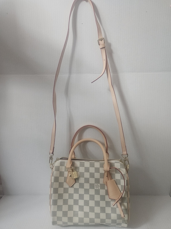 Velvet Hangers Handbags - Cream Checkered Women's Satchel Bag with Leather Trim